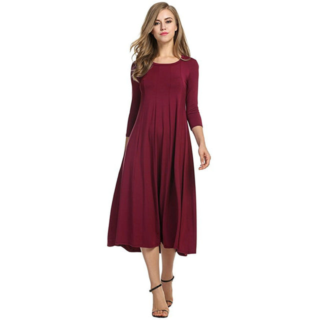 2021 Spring Autumn Fashion Women Ladies Mid Sleeve Long Dress Crew Neck Solid Color Big Hem Plus Size Female Party Casual Wear