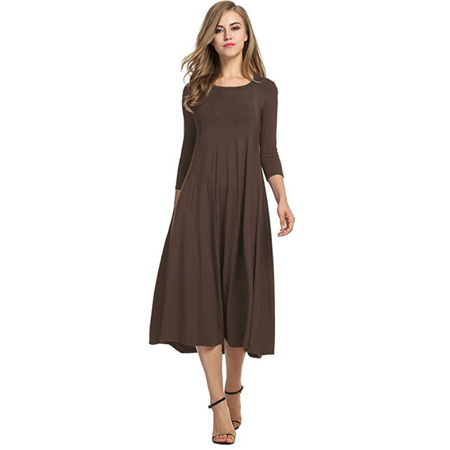 2021 Spring Autumn Fashion Women Ladies Mid Sleeve Long Dress Crew Neck Solid Color Big Hem Plus Size Female Party Casual Wear