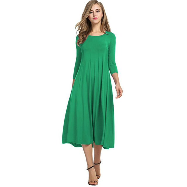 2021 Spring Autumn Fashion Women Ladies Mid Sleeve Long Dress Crew Neck Solid Color Big Hem Plus Size Female Party Casual Wear