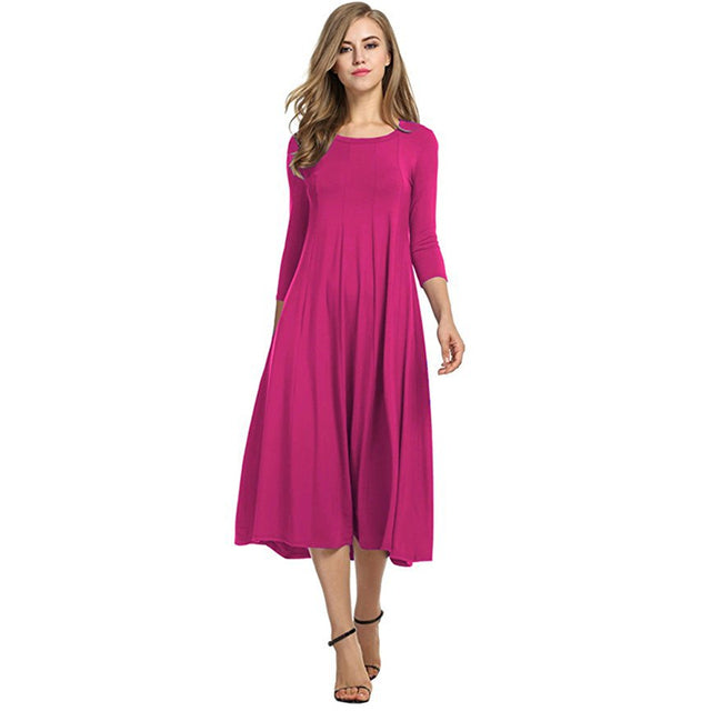 2021 Spring Autumn Fashion Women Ladies Mid Sleeve Long Dress Crew Neck Solid Color Big Hem Plus Size Female Party Casual Wear