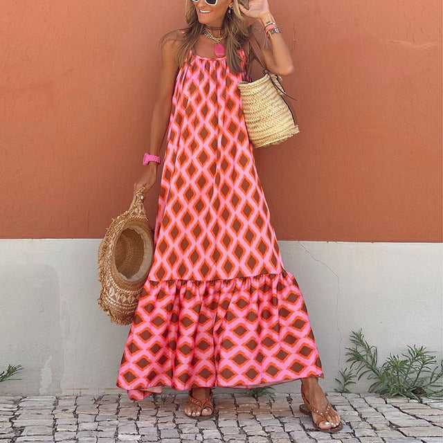 Sexy Off Shoulder Sleeveless Sling Long Dress / Women O Neck Backless Summer Maxi Dress / Vintage Rhombus Lattice Boho Party Dress