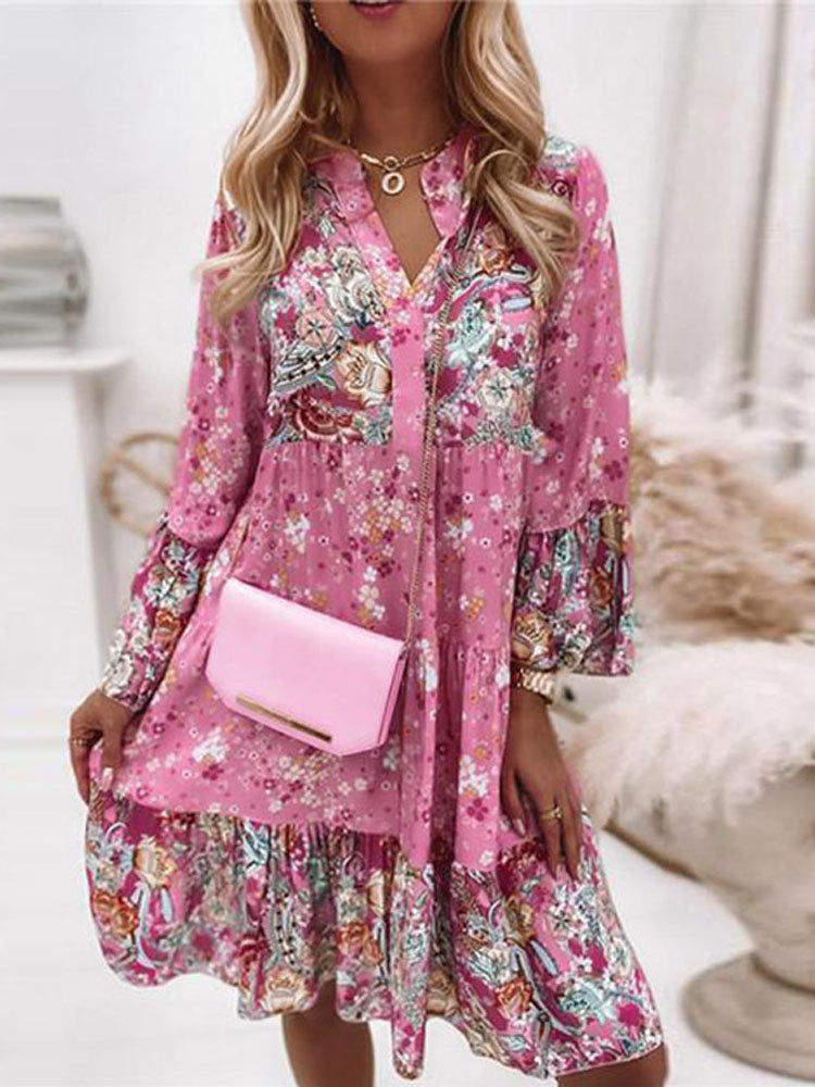 Fashion Flare Sleeve Women Party Dress / Spring Vintage Floral Print Loose Dress / Lady Elegant V Neck Ruffle Beach Pullover Dresses