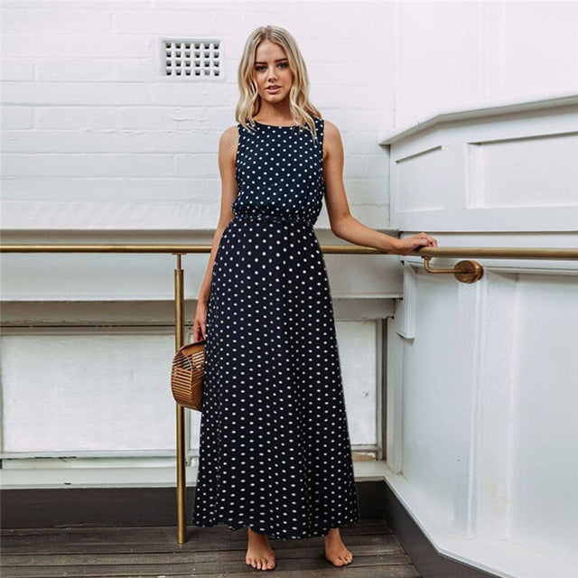 2022 Bobo Women Dark Blue Boho Loose Sleeveless Holiday Dot Print Long Maxi Dress Evening Party Beach Dresses Summer Sundress