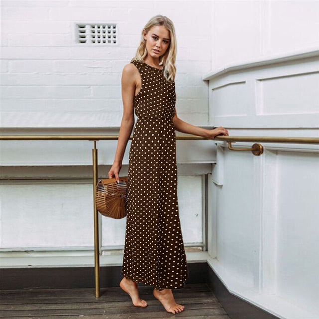 2022 Bobo Women Dark Blue Boho Loose Sleeveless Holiday Dot Print Long Maxi Dress Evening Party Beach Dresses Summer Sundress