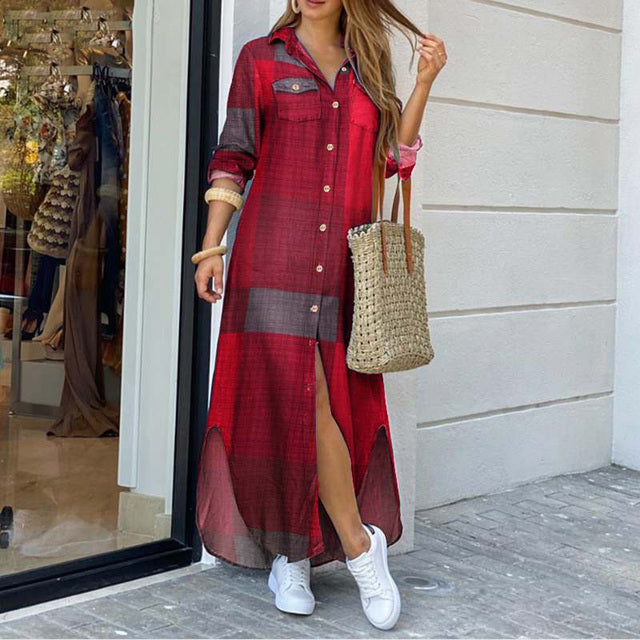 Woman Long Shirts Dress / Casual Turn-Down Collar Button Maxi Dress / Fashion Elegant Long Sleeve Dress