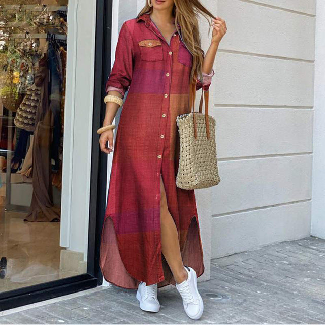 Woman Long Shirts Dress / Casual Turn-Down Collar Button Maxi Dress / Fashion Elegant Long Sleeve Dress