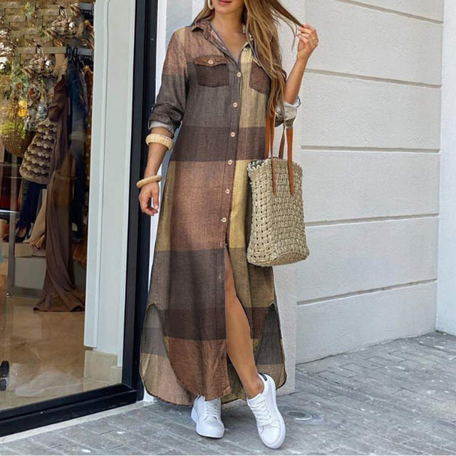 Woman Long Shirts Dress / Casual Turn-Down Collar Button Maxi Dress / Fashion Elegant Long Sleeve Dress