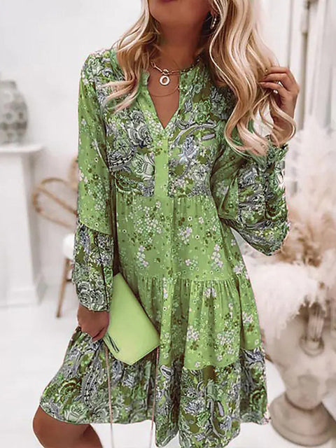 Fashion Flare Sleeve Women Party Dress / Spring Vintage Floral Print Loose Dress / Lady Elegant V Neck Ruffle Beach Pullover Dresses