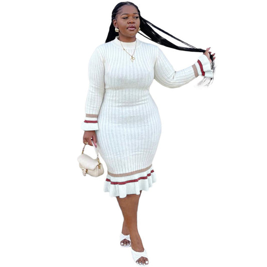 Plus Size Vintage Sweet Women Clothing / Knitted Ribbing Bodycon Dress / Turtleneck Striped Dresses